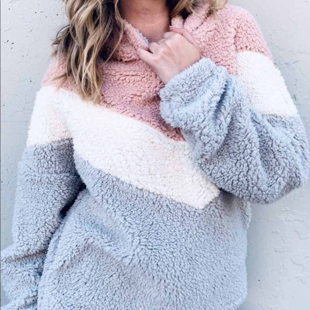 NEW! Sherpa Half-Zip Color Blocked Hooded Sweater